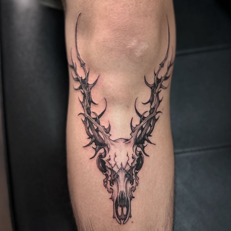 A black and grey deer skull with antlers tattoo on the leg, featuring fine line and blackwork style — by Maddie Ramirez, los angeles