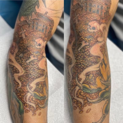 A colorful illustrative tattoo of a haunted house with skull and bones on the forearm, featuring dark and ornate details — by Sandra Price, los angeles