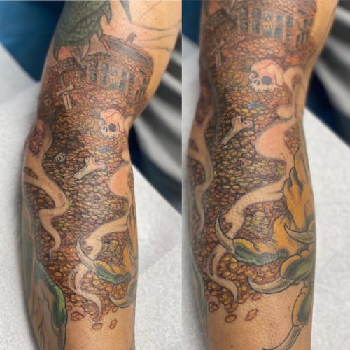 A colorful illustrative tattoo of a haunted house with skull and bones on the forearm, featuring dark and ornate details — by Sandra Price, los angeles