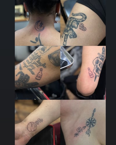 A collection of small linework tattoos including a moon, bottle, and script — by Maddie Ramirez, los angeles