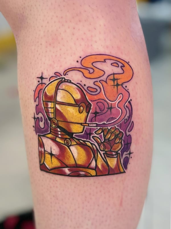 A colorful New School tattoo of a robot with a vibrant background on the thigh, featuring bold outlines and bright colors — by Tweetwee, west covina, ca