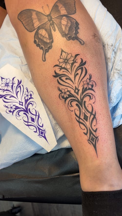 blackwork ornamental floral design tattoo — by Vince Espinoza, los angeles