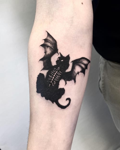 A black and grey bat with a visible skeleton on the forearm, done in a dark art style — by Jian Liang, los angeles