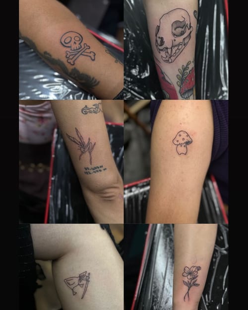 A collection of small blackwork tattoos on the arm, including a skull, mushroom, and flower — by Maddie Ramirez, los angeles