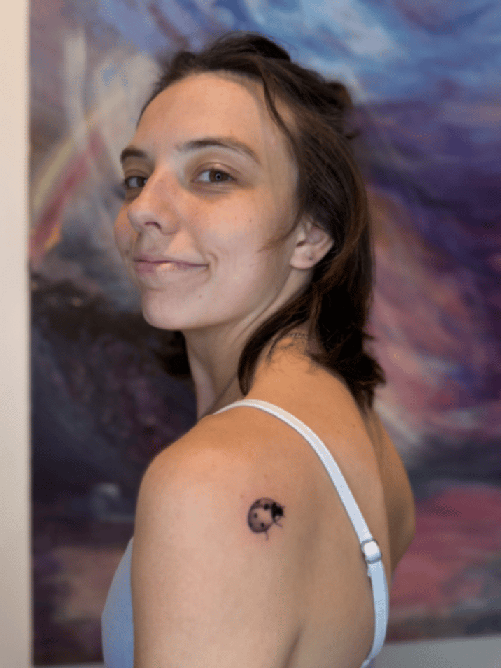 minimalist cat and moon tattoo — by Samantha Wilks, los angeles