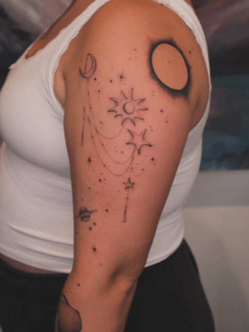 fine line celestial bodies tattoo — by Samantha Wilks, los angeles