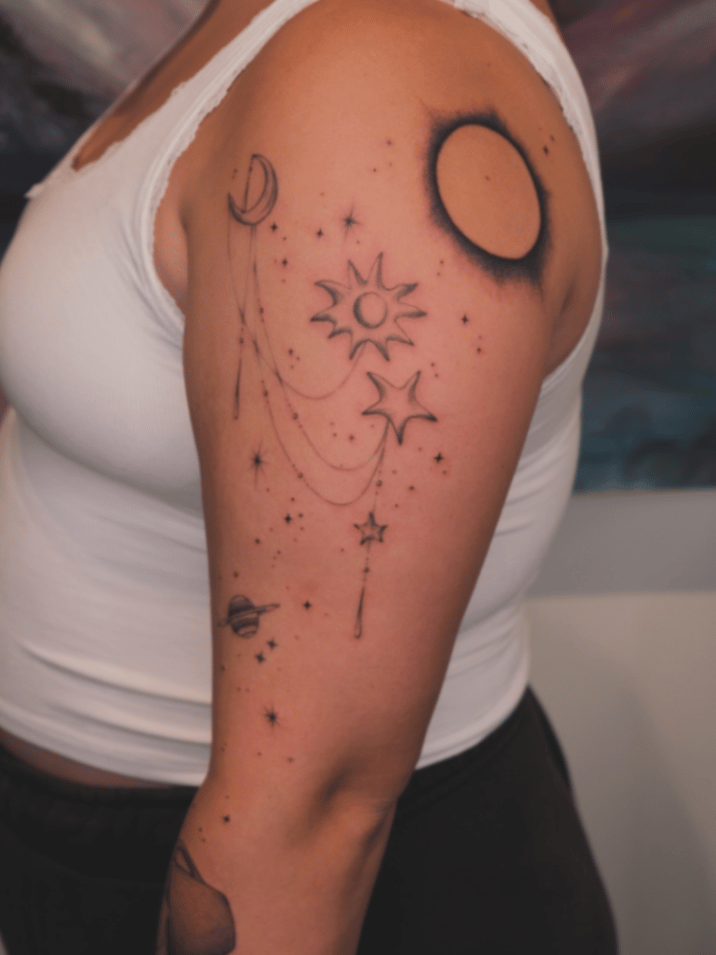 fine line celestial bodies tattoo — by Samantha Wilks, los angeles
