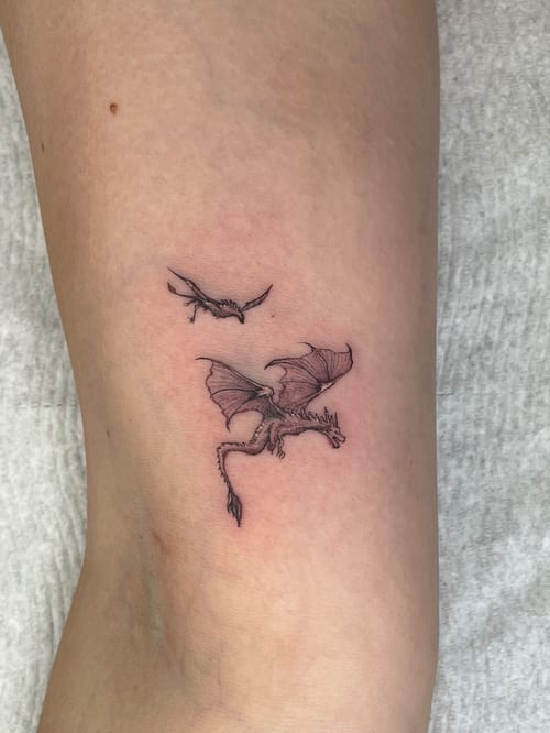 fine line two dragons tattoo — by Vince Espinoza, los angeles