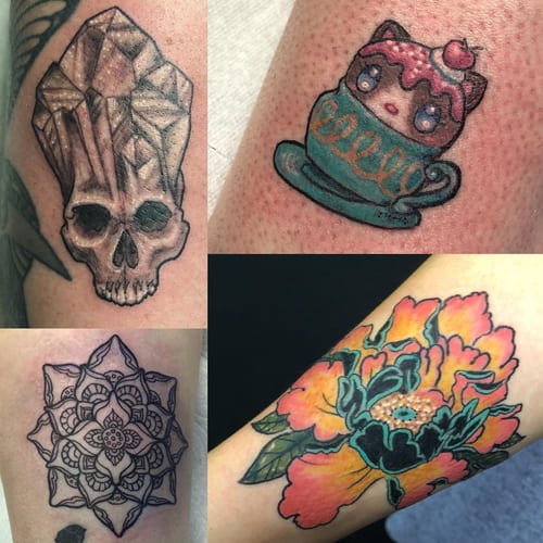 A collection of tattoos including a crystal skull, a cute cat in a teacup, a mandala, and a colorful flower on the arm — by Sandra Price, los angeles