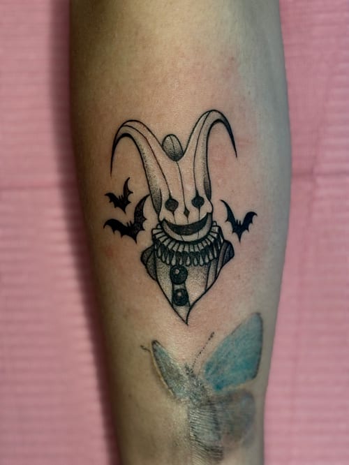 blackwork jester tattoo — by Dead Pretty Tattoos, los angeles