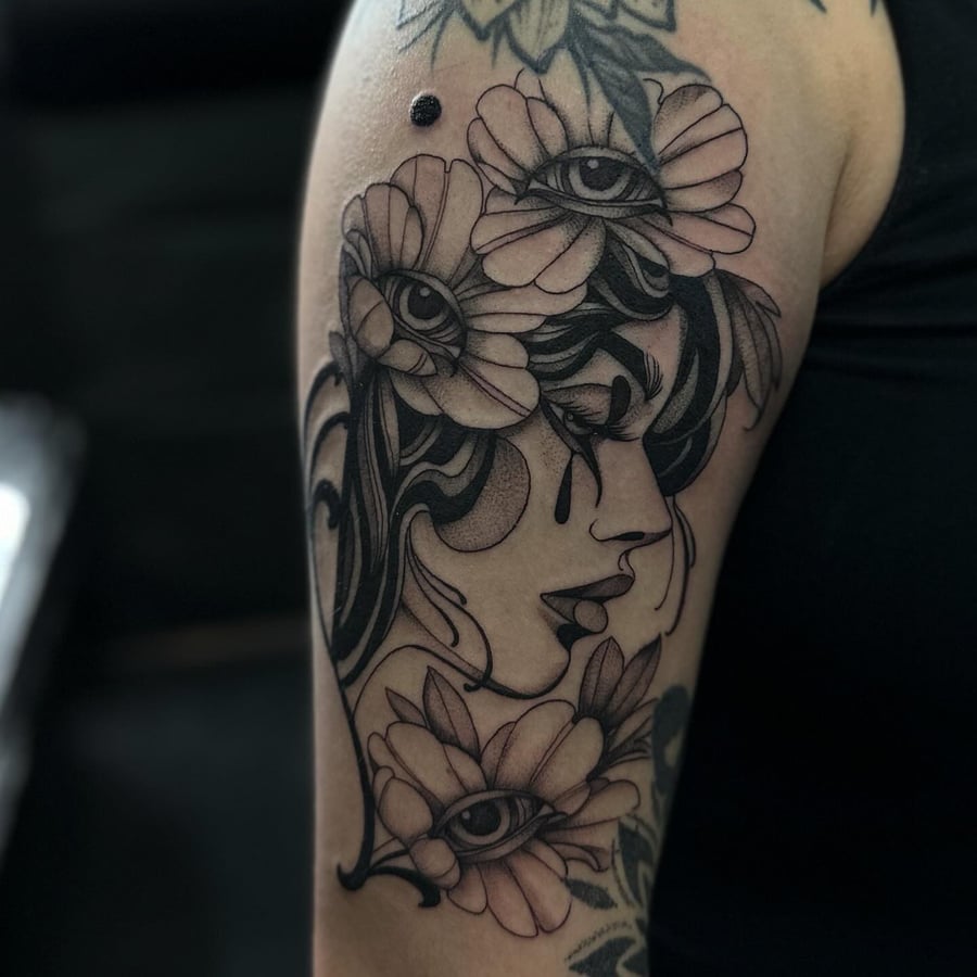 A delicate black and grey tattoo of a woman's profile with flowers and eyes on the upper arm — by Maddie Ramirez, los angeles