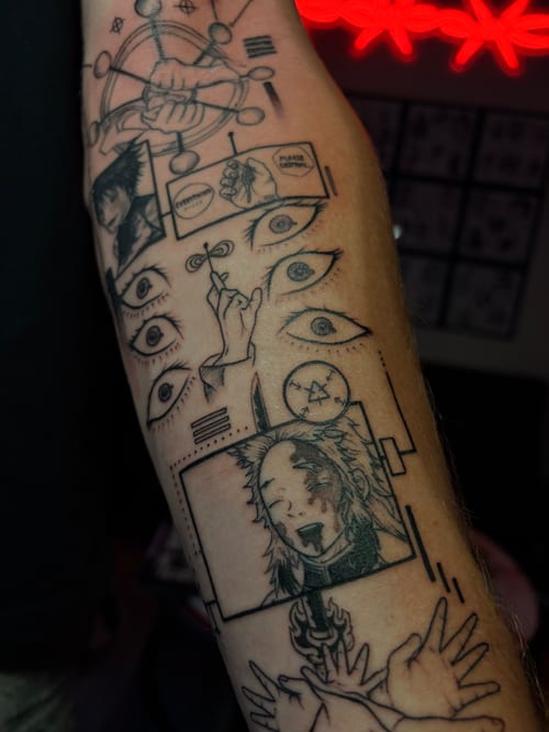 A black and grey linework tattoo on the forearm featuring multiple eyes, hands, and anime-style portraits with intricate details — by Vince Espinoza, los angeles