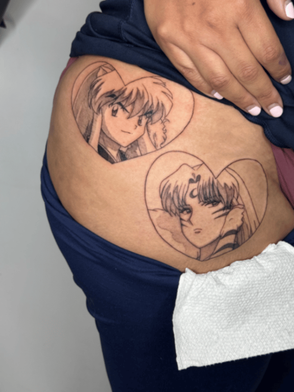 anime anime characters in hearts tattoo — by lunayflorestattoo, santa fe springs, ca