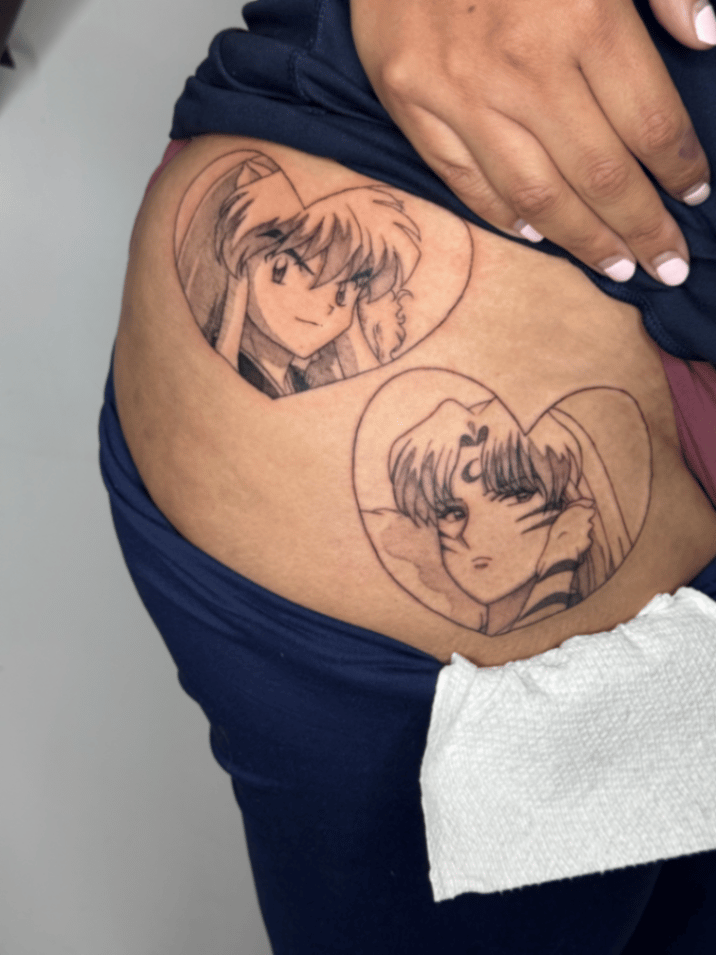 fine-line anime character portraits framed in hearts by lunay flores, an anime tattoo artist in los angeles