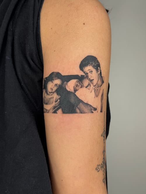 black & grey family portrait tattoo — by Level tattoo, los angeles