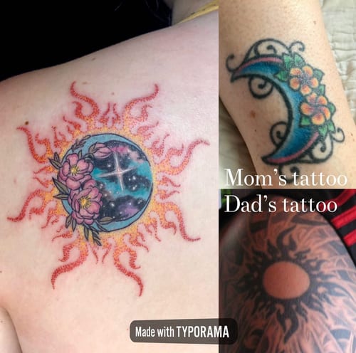 A colorful illustrative tattoo of a sun and moon with flowers on the shoulder, featuring vibrant colors and whimsical design — by Sandra Price, los angeles