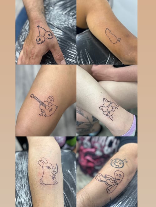 A collection of small minimalist tattoos on the arm, including a skull, cat, rabbit, and guitar — by Maddie Ramirez, los angeles
