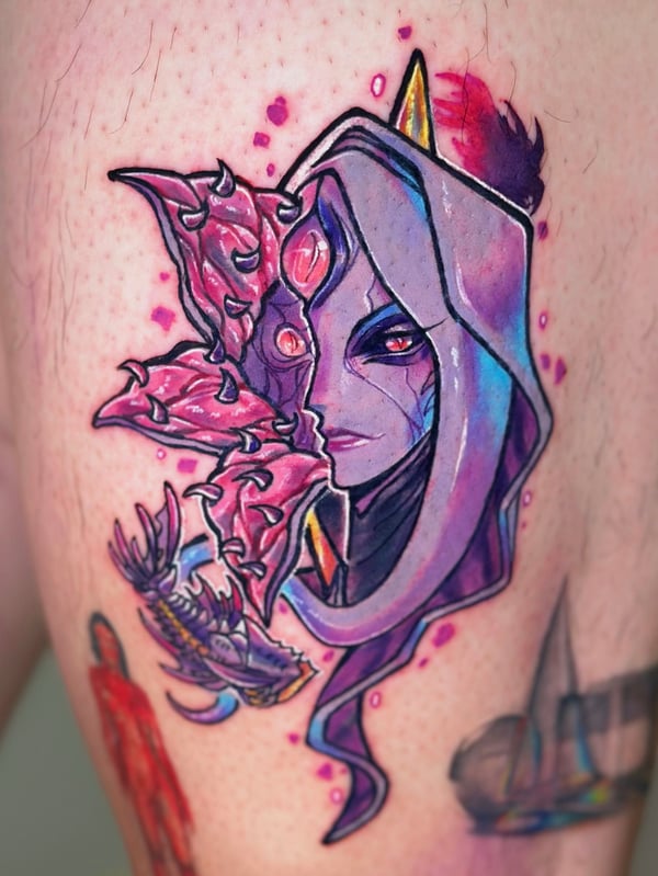 A vibrant and colorful new school tattoo on the thigh, depicting a stylized face with abstract elements and bold outlines — by Tweetwee, west covina, ca