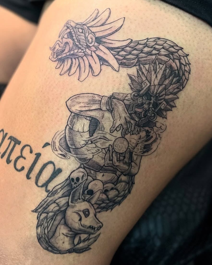 A detailed black and grey tattoo of a mythological scene featuring a serpent and skull, done in blackwork and fine line style — by Maddie Ramirez, los angeles