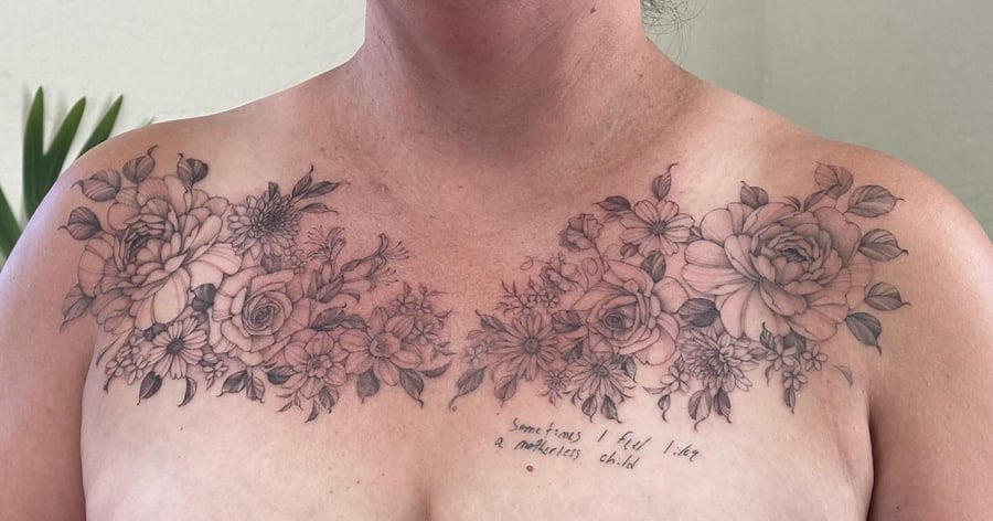 A delicate black and grey floral arrangement on the chest featuring roses and various flowers — by Melanie Benoit, los angeles