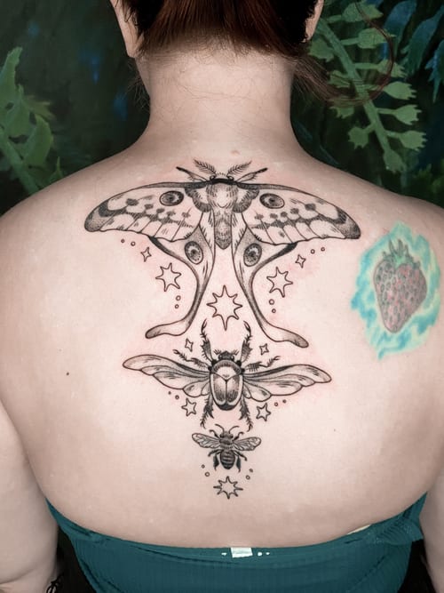 blackwork moth and beetle tattoo — by katlyyons, los angeles