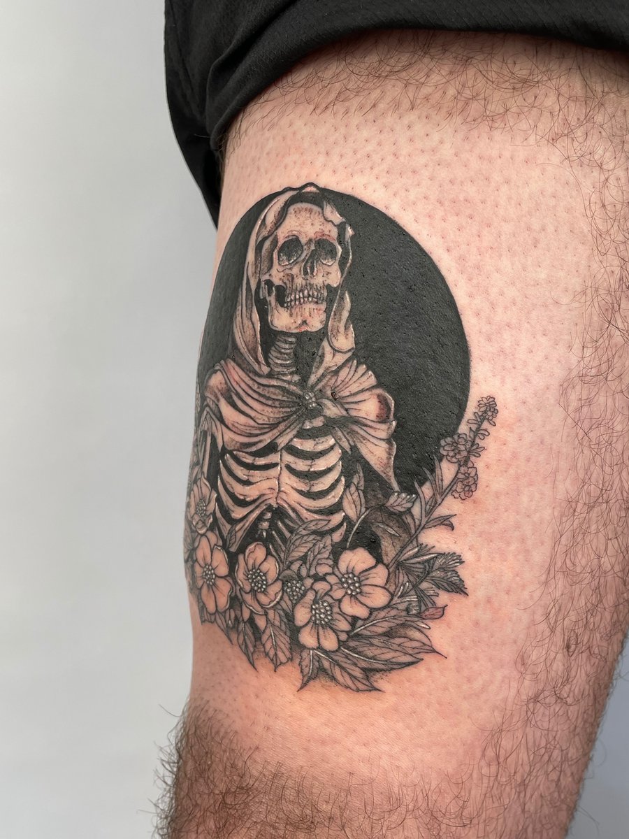 black & grey skeleton with flowers tattoo — by Vince Espinoza, los angeles