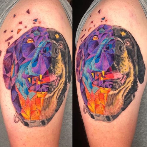 A vibrant geometric dog portrait tattoo on the upper arm, featuring bold colors and an illustrative style — by Sandra Price, los angeles