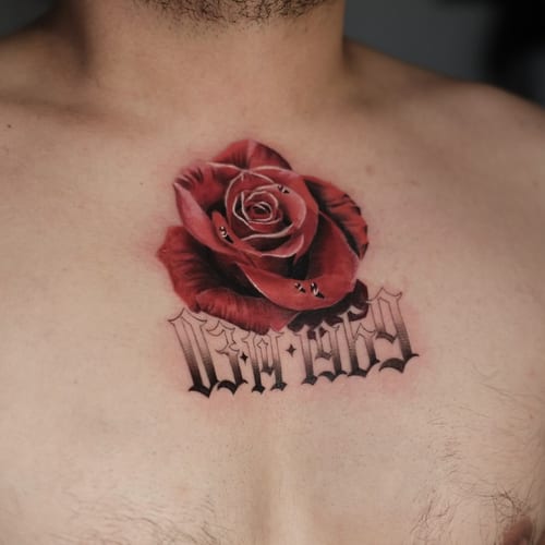 A realistic red rose with bold black lettering of a date on the chest, combining floral and script elements — by Johnny Ayala, los angeles
