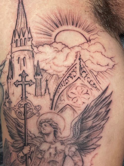 black & grey angel with cathedral tattoo — by Vince Espinoza, los angeles