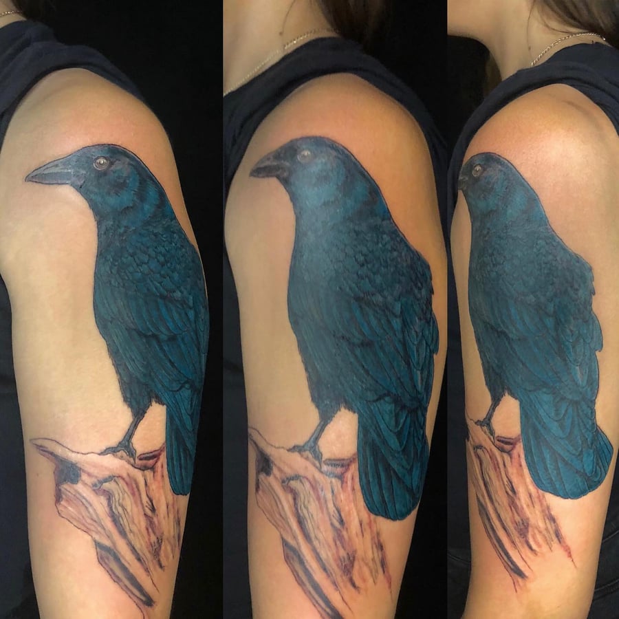 A realistic and bold raven tattoo in blue ink on the upper arm, showcasing detailed feather texture — by Sandra Price, los angeles