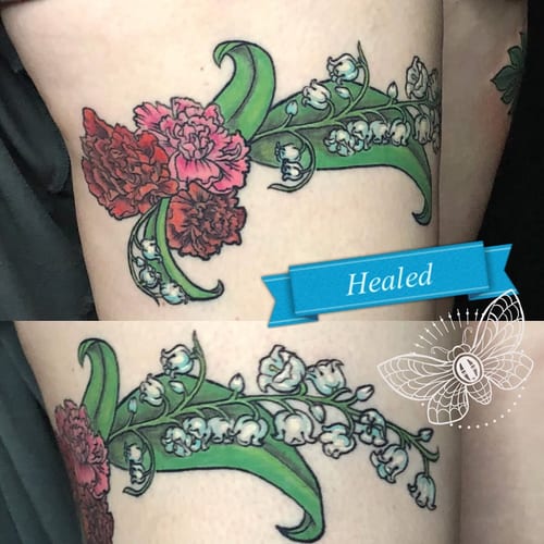 A colorful neo-traditional flower bouquet tattoo on the thigh featuring lilies and carnations with bold outlines — by Sandra Price, los angeles