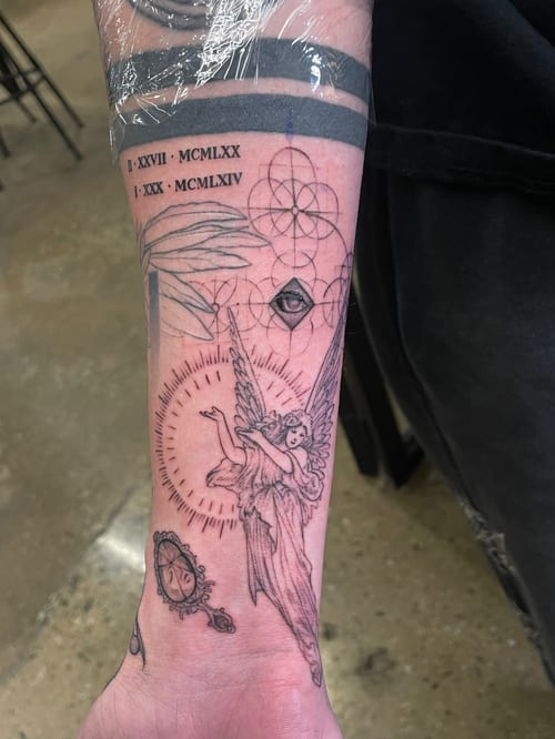 A black and grey fine line tattoo on the forearm featuring an angel, sacred geometry, and Roman numerals with intricate details — by Vince Espinoza, los angeles