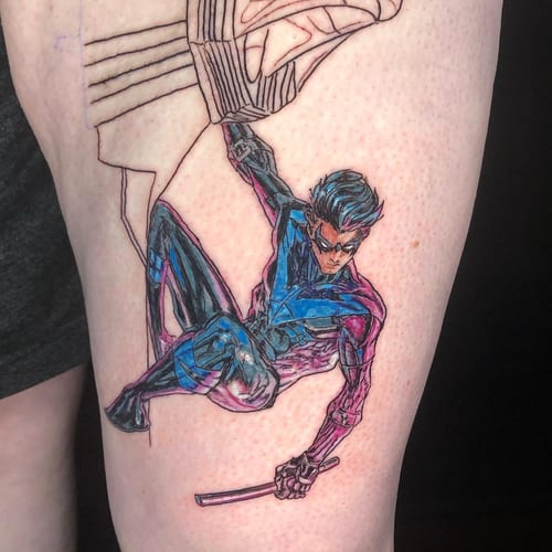 A colorful comic book style superhero character tattoo on the thigh, featuring bold lines and vibrant colors — by Sandra Price, los angeles