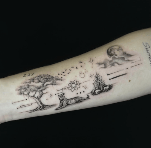 A black and grey fine line tattoo on the forearm featuring a leopard, a tree, a campfire, and a moon with intricate details and shading — by Jian Liang, los angeles