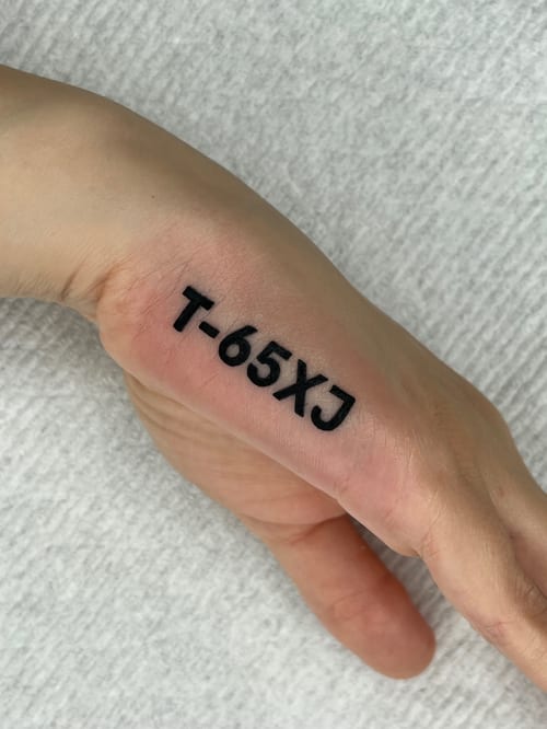 lettering alphanumeric code tattoo — by Vince Espinoza, los angeles