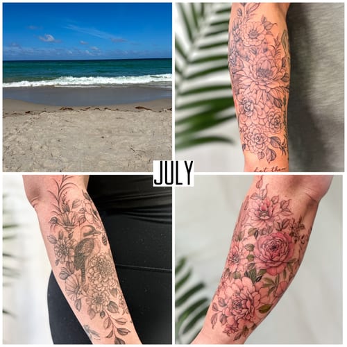 A delicate floral arrangement tattoo on the forearm featuring fine line work and a mix of black and grey with color accents — by Melanie Benoit, los angeles