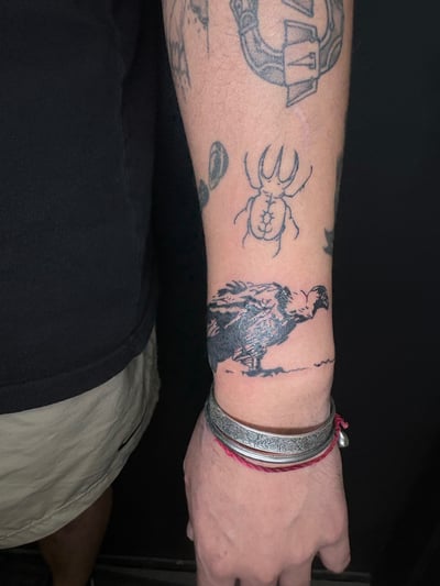 A black and grey linework tattoo of a bird on the wrist, featuring bold outlines and minimal shading — by Hannah , los angeles