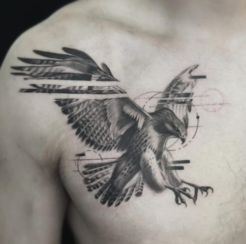 A black and grey illustrative tattoo of an eagle in flight on the chest, featuring dynamic lines and shading — by Jian Liang, los angeles