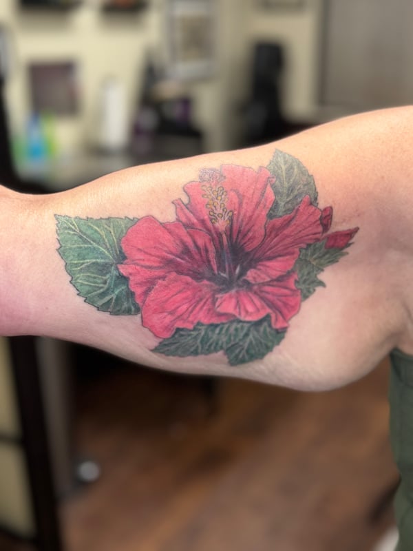 A bold and colorful hibiscus flower tattoo on the arm, showcasing realistic details and vibrant colors — by Sandra Price, ventura, ca