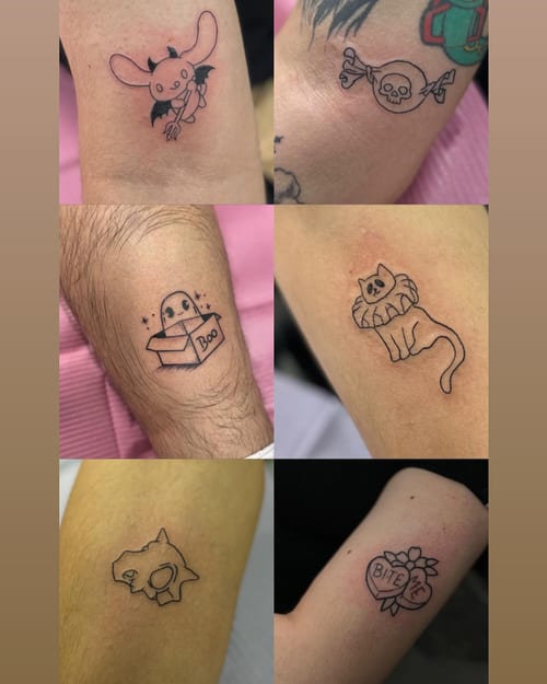 Various small blackwork tattoos including animals, skulls, and a ghost — by Maddie Ramirez, los angeles
