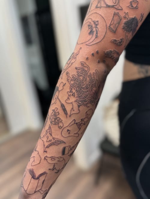 A whimsical fine line tattoo sleeve featuring Shel Silverstein characters on the forearm — by Maddie Ramirez, los angeles
