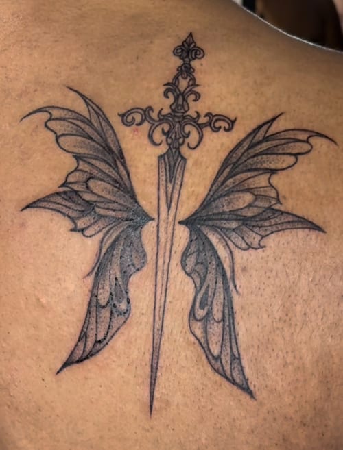 linework sword with butterfly wings tattoo — by Dead Pretty Tattoos, los angeles