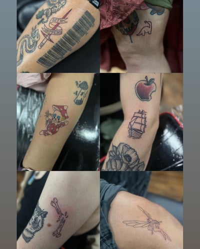 A collection of small linework tattoos including a sword, ship, and apple — by Maddie Ramirez, los angeles