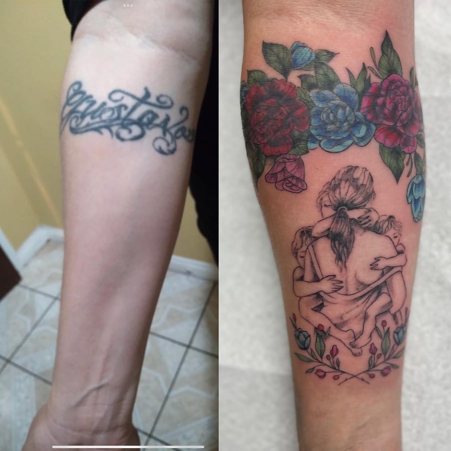 A colorful tattoo on the forearm depicting a mother with children surrounded by flowers, alongside script lettering — by Sandra Price, los angeles
