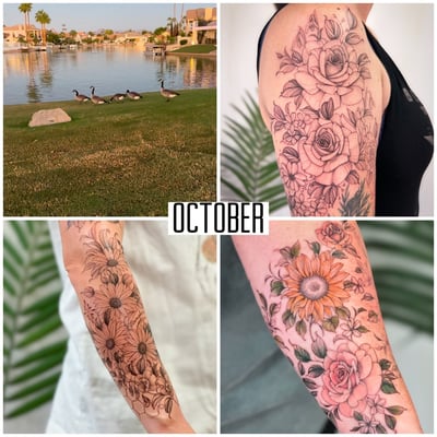 A mixed color and black and grey floral bouquet tattoo on the arm featuring roses and daisies with intricate detailing — by Melanie Benoit, los angeles