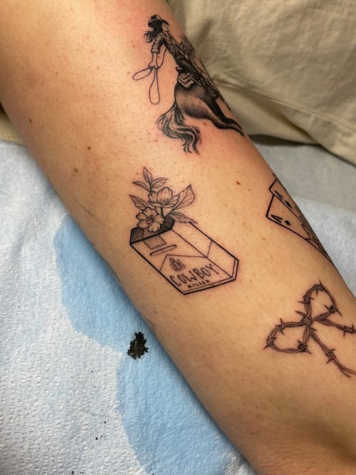 linework cowboy on horse tattoo — by Vince Espinoza, los angeles