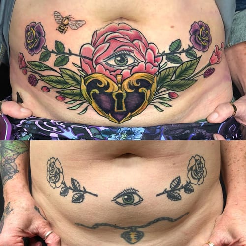 A bold neo-traditional tattoo on the stomach featuring an eye surrounded by roses and a heart-shaped lock in vibrant colors — by Sandra Price, los angeles