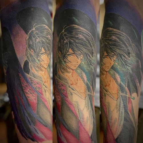 A colorful anime character portrait on the forearm with bold and graphic style — by Sandra Price, los angeles