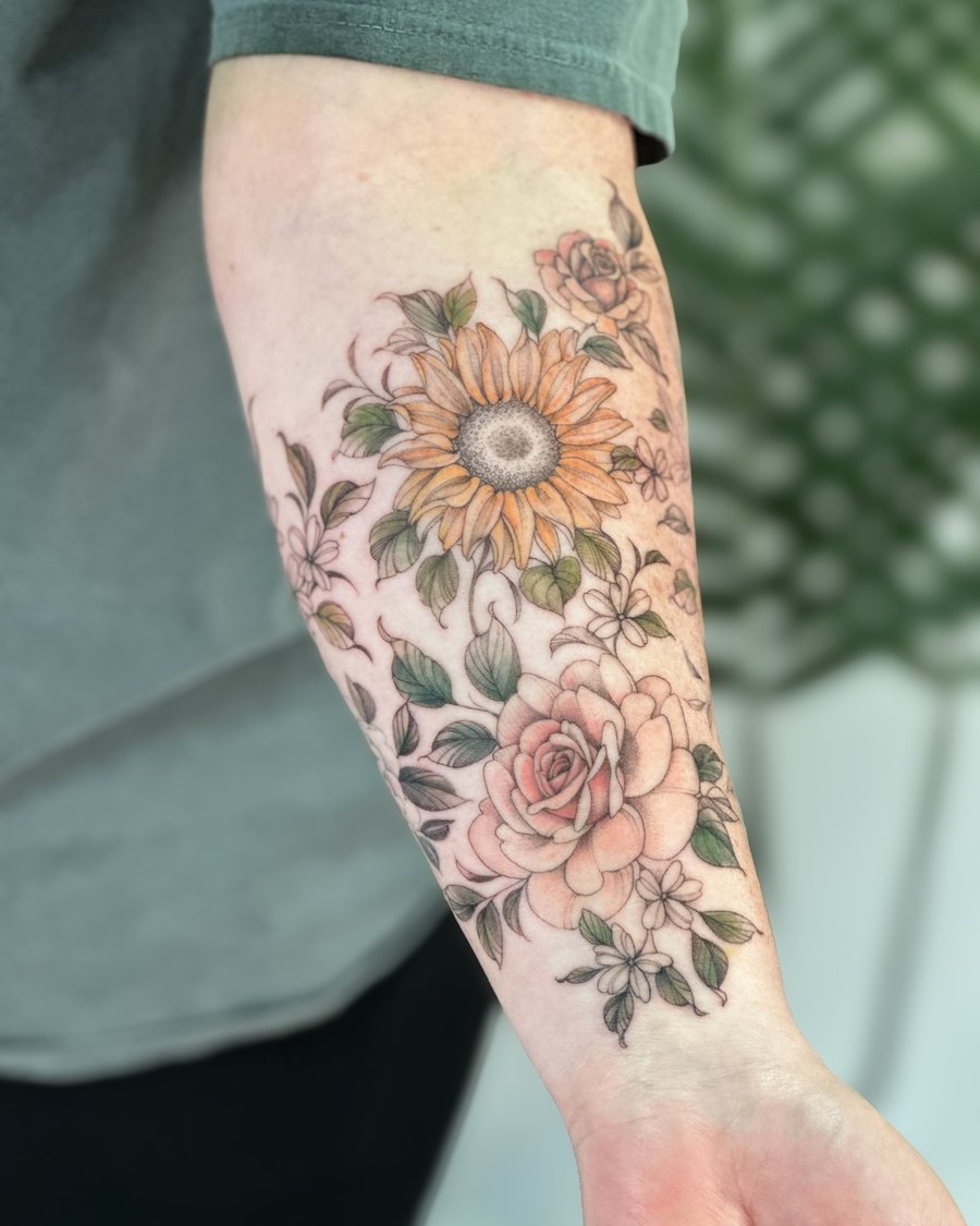A delicate floral arrangement tattoo on the forearm featuring roses and other flowers in fine line style with soft colors — by Melanie Benoit, los angeles