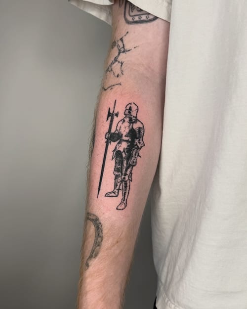blackwork knight with halberd tattoo — by Level tattoo, los angeles